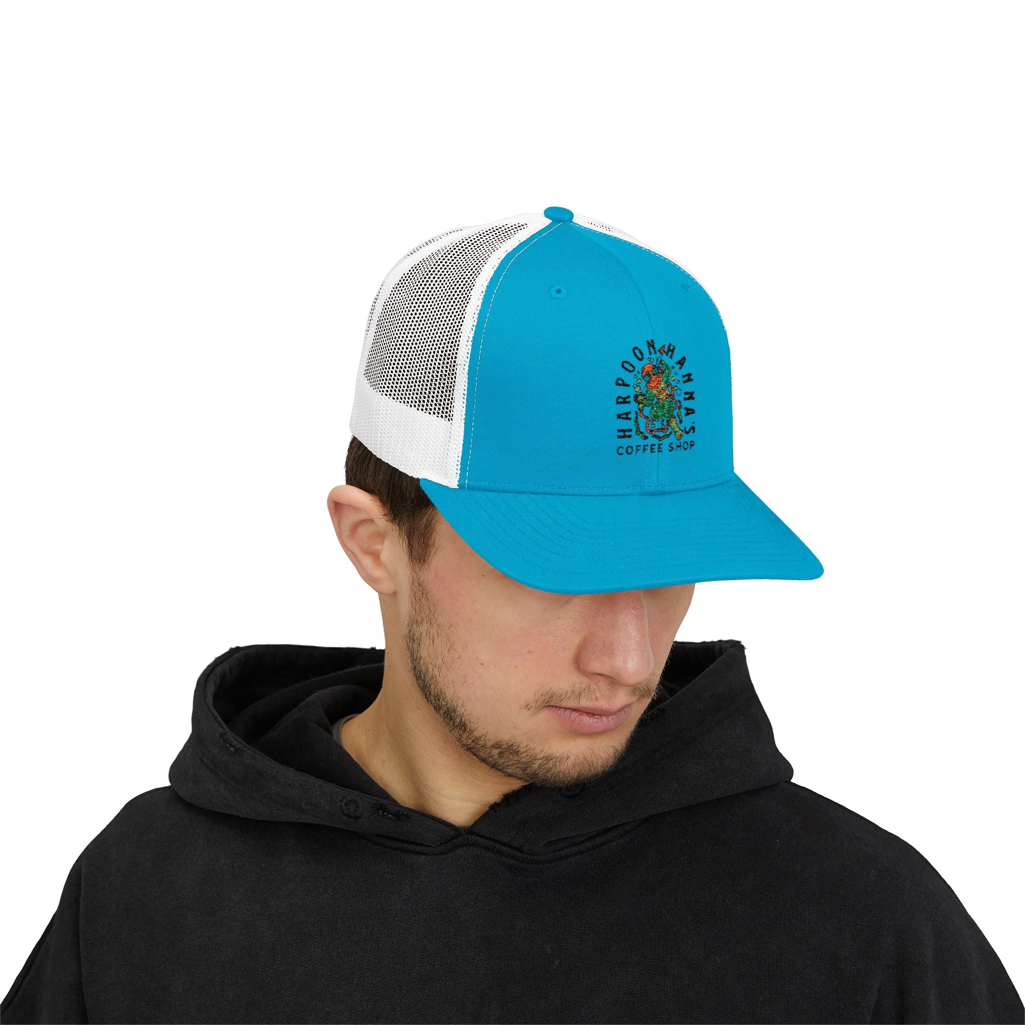 Harpoon Hanna's Coffee Shop Trucker Hat — Retro Mermaid Logo Snapback