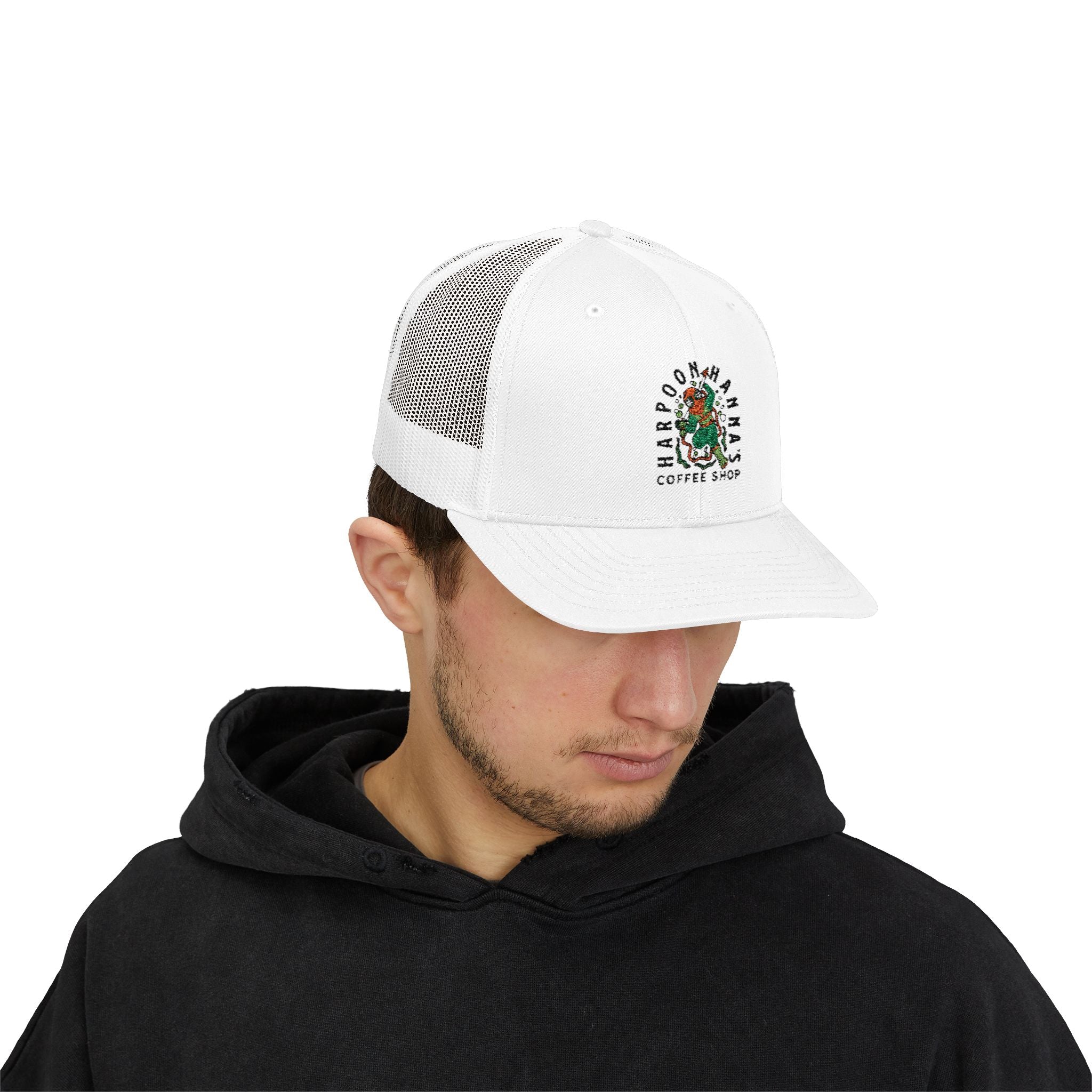 Harpoon Hanna's Coffee Shop Trucker Hat — Retro Mermaid Logo Snapback